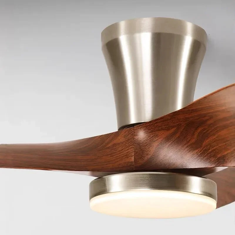 ventilateur moderne led télécommande lumière marron bois pales argentées minimaliste