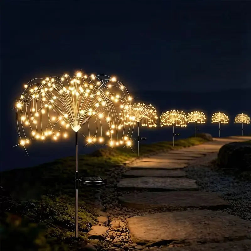 lumières solaires feux d'artifice blanc jaune multicolore moderne étoiles lumineuses filaments tringle sol installationextérieur