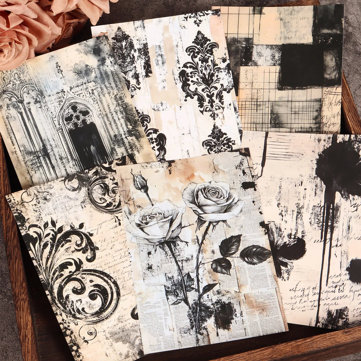 feuilles papier décoratif motifs fleurs vintage romantique ornements lettrage ancien noir blanc gris roseclair