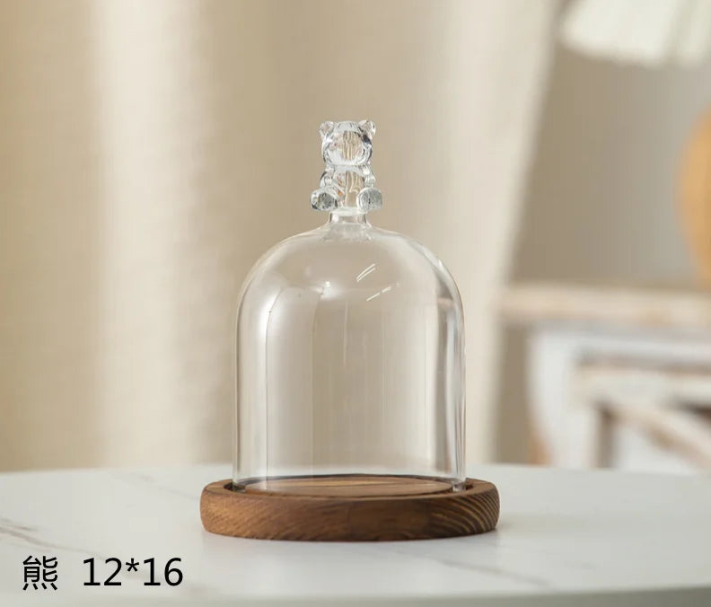 cloche verre transparent base bois bougie parfumée pinçon décoratives