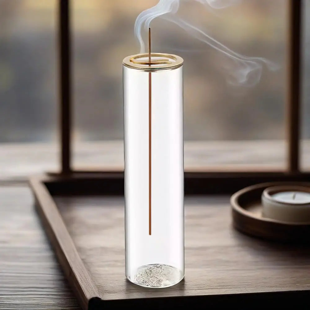 porte encens verre transparent disque doré anti cendres volantes brûleur incense zen salon decoration