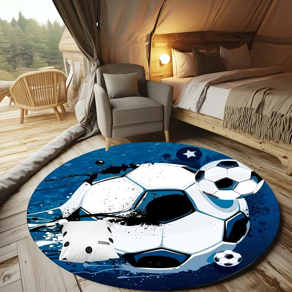 tapis rond football motif bleu blanc noir moderne antidérapant résistant intérieur extérieur