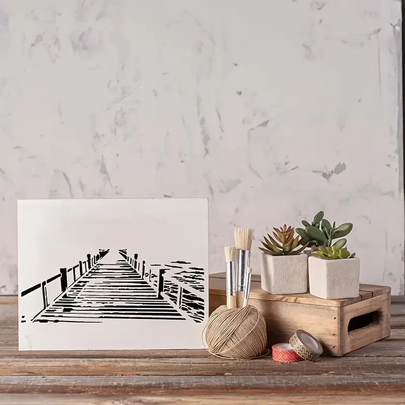 stencils graphiques blancs noirs pont bois minimaliste bricolage peinture murale decoration papier artisanal