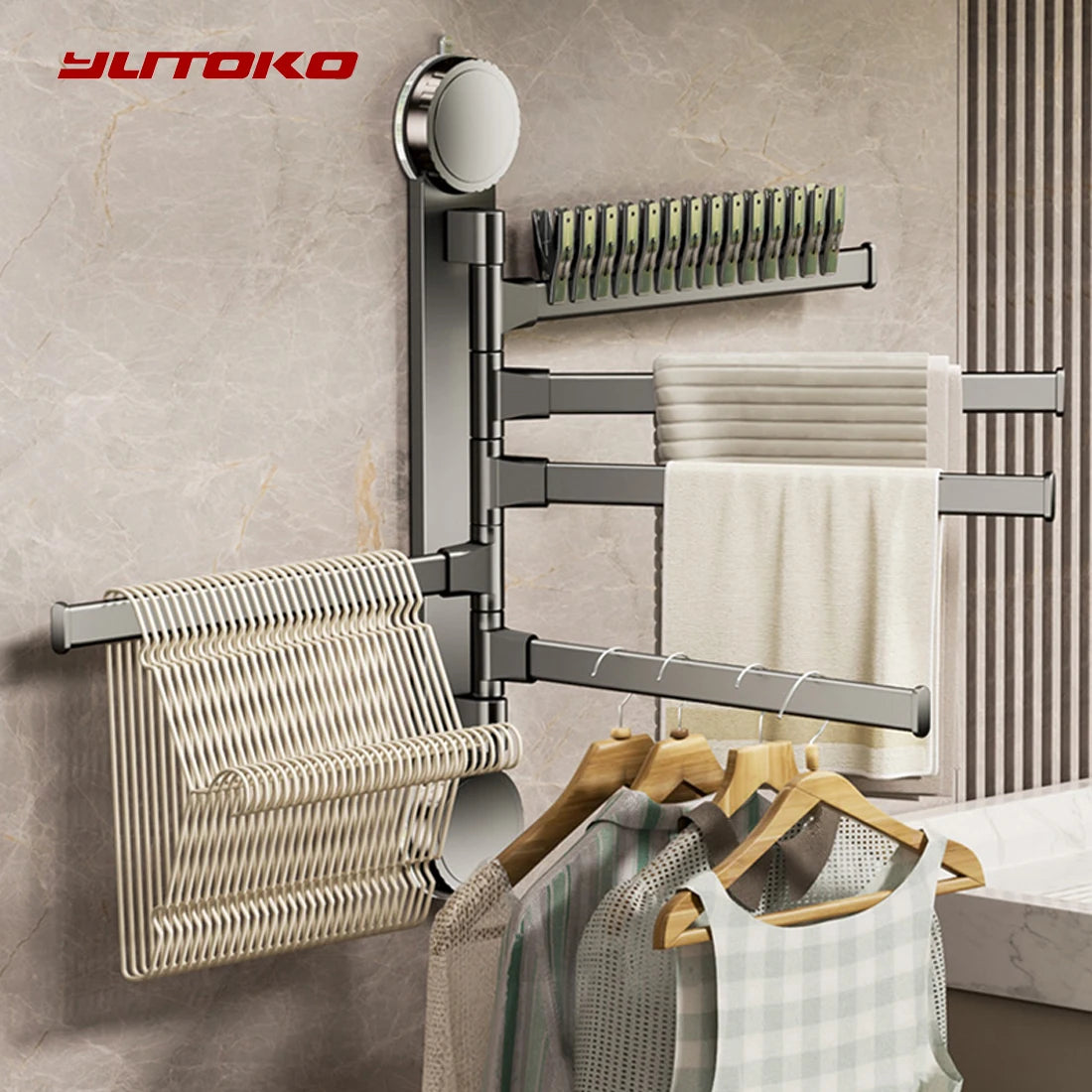 porte serviettes pliable murale alliage aluminium ventouse moderne gris lisse salle bain cuisine réglable