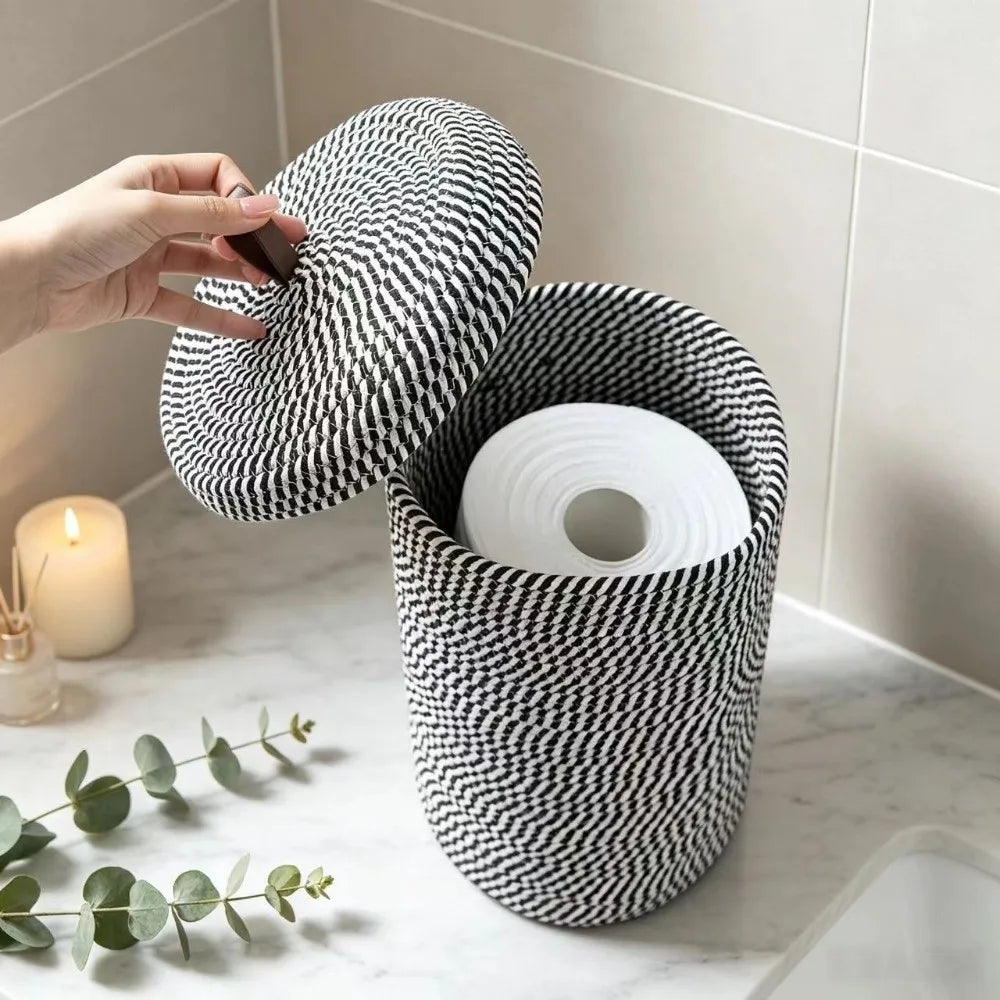 panier rangement corbeille linge noir blanc rayures diagonales moderne respectueux environnement poignée cuir