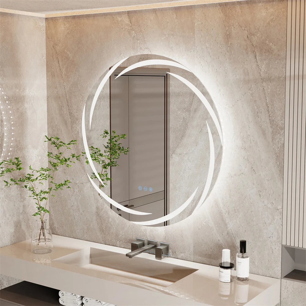 miroir mural moderne blanc doré rond éclairé led anti buée clips touches mémoire couleur