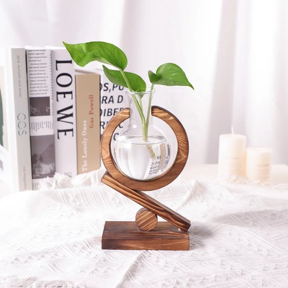 vase plante transparent verre bois moderne support table minimaliste naturel élégant deco