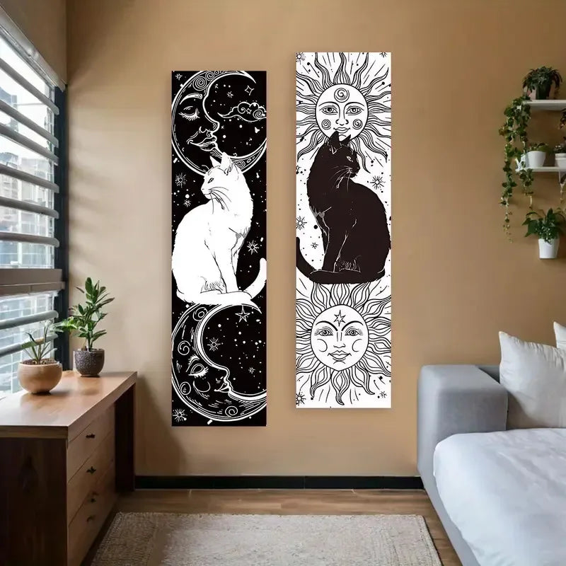 tapisserie art noir blanc chats soleils lunes motifs floraux contemporains décoration murale bohème rétro