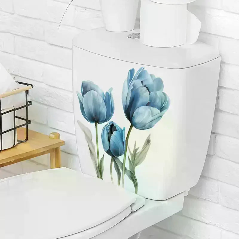 cache wc adhésif fleurs pivoines marguerites tulipes blanc classique salle bain autocollant