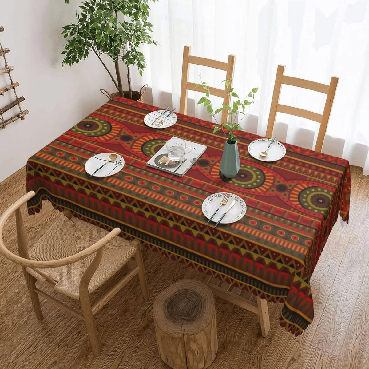nappe table ethnique géométrique rouge verte noir beige 100% polyester imperméable réutilisable moderne