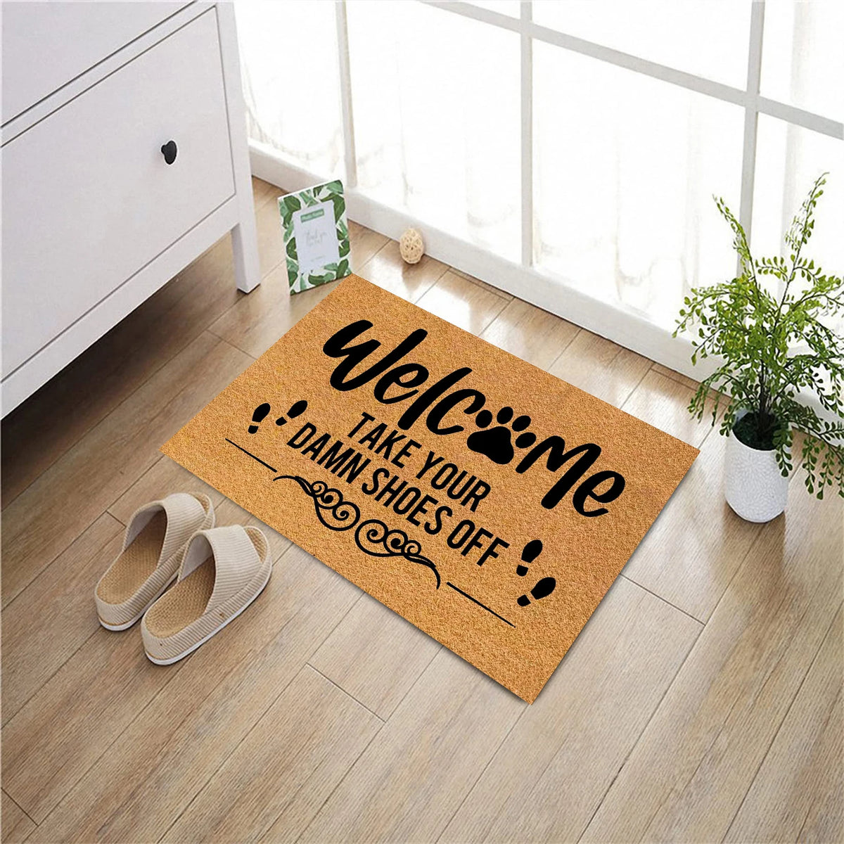 tapis d'entrée antidérapant marron clair imprimé welcome empreintes chien résistant moderne sol