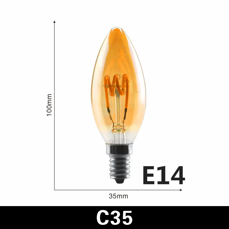 ampoules led spirale dorée retro translucides 2200k e27 4w 220v a60 c35 t45 st64