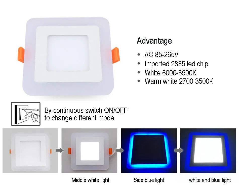 plafonnier led encastrable 6w 9w 16w 24w blanc bleu rond carré moderne