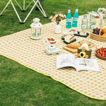 tapis pique nique jaune carreaux géométriques moderne imperméable poignées amovibles rangement portable