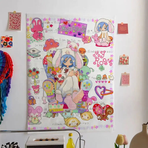 poster mural multicolore illustration animée personnages stylisés motifs floraux opacité adhésif contemporain décoration chambre