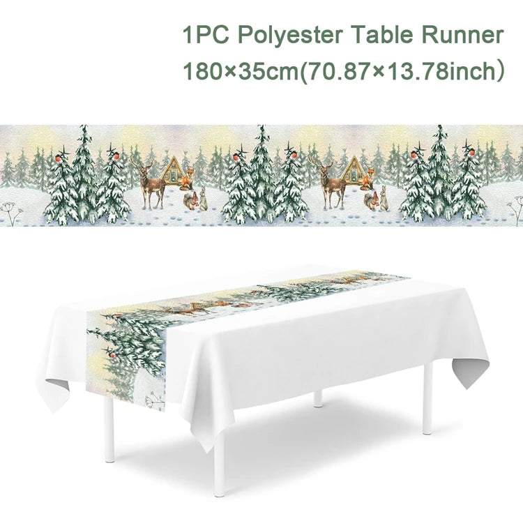 table noel chemin blanc motif flocon renne decoration festive polyester