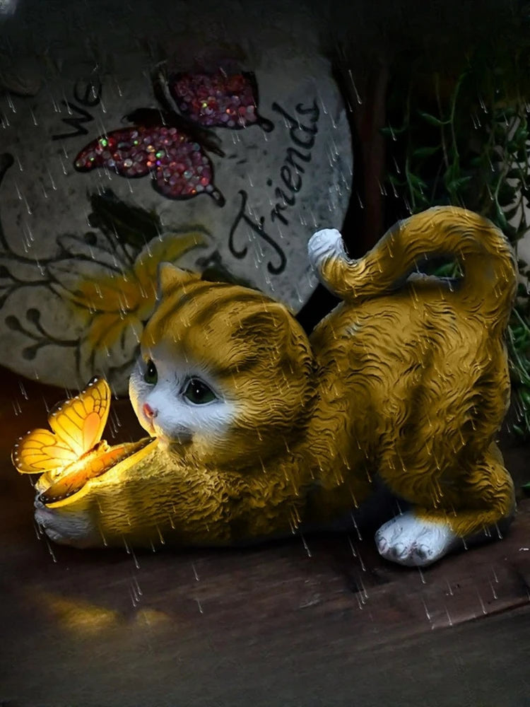 statue jardin solaire chat papillon lumiere animale deco patio balcon ornement réaliste mignonextérieur résine
