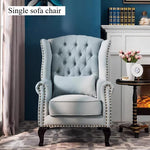 fauteuil club chesterfield tissu capitonné coussins décoratifs bois sculpté living room adult single sofa