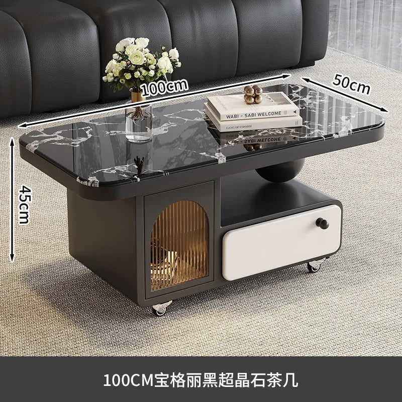 table basse moderne marbre noir tiroir roulette salon minimaliste italien