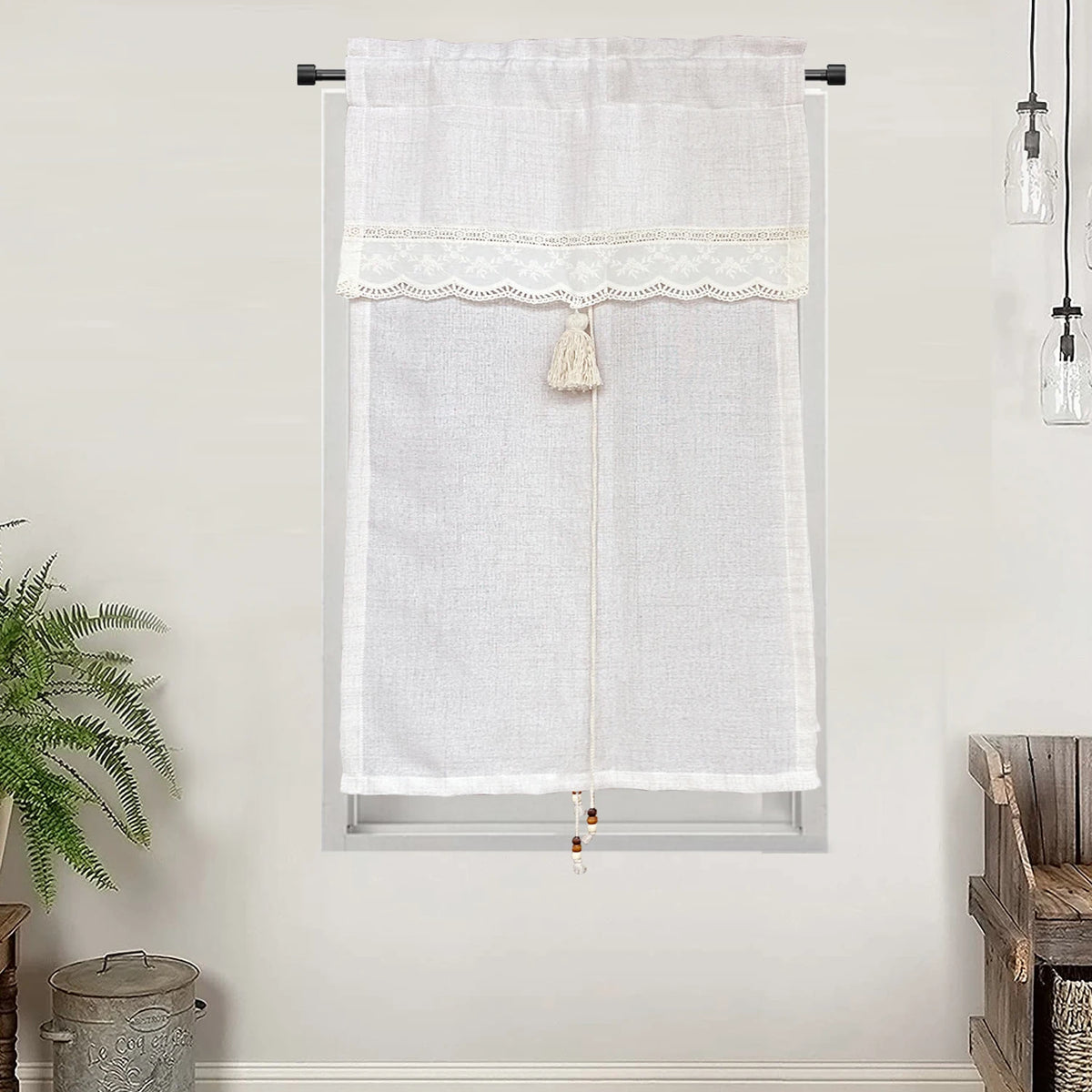 rideau blanc cassé semi transparent rustique dentelle franges tringle rideau chambre salon