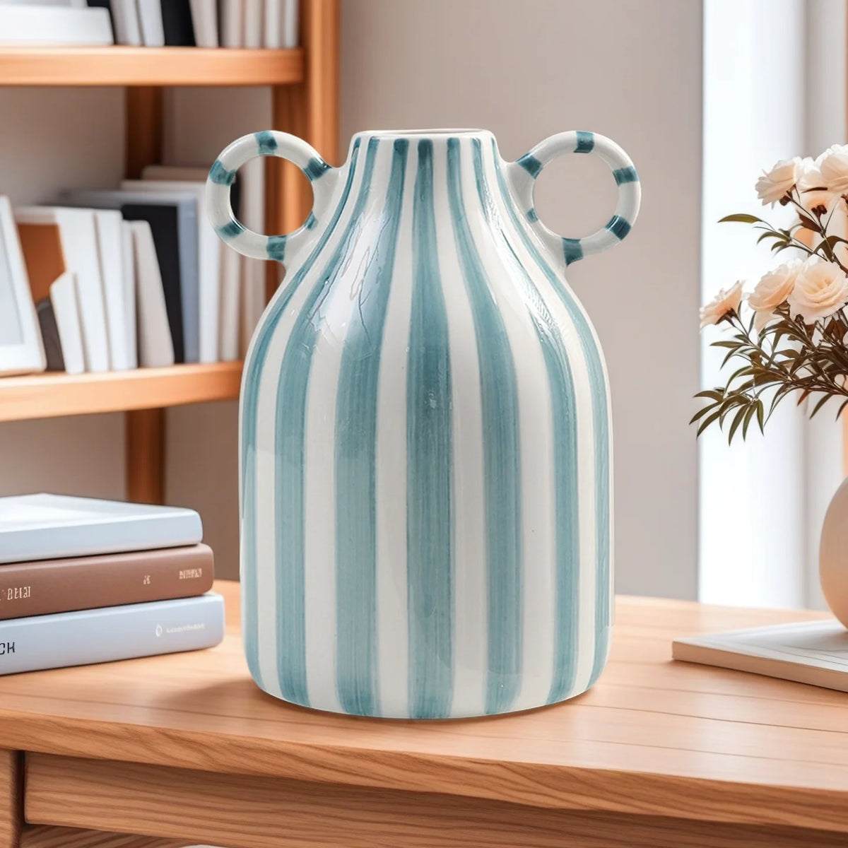 vase moderne céramique rayé bleu clair blanc noir double oreille décoration intérieure fleur hydroponique