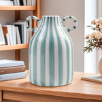vase moderne céramique rayé bleu clair blanc noir double oreille décoration intérieure fleur hydroponique
