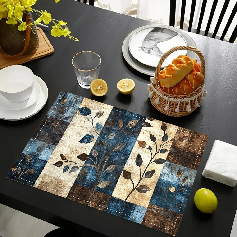 tapis table patchwork feuilles fleurs blanches moderne décoratif beige bleu brun automne hiver été