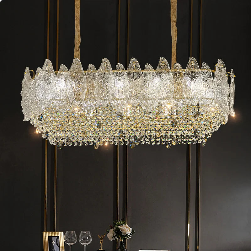 lustre cristal transparent doré feuilles pendeloques classique chambre salon
