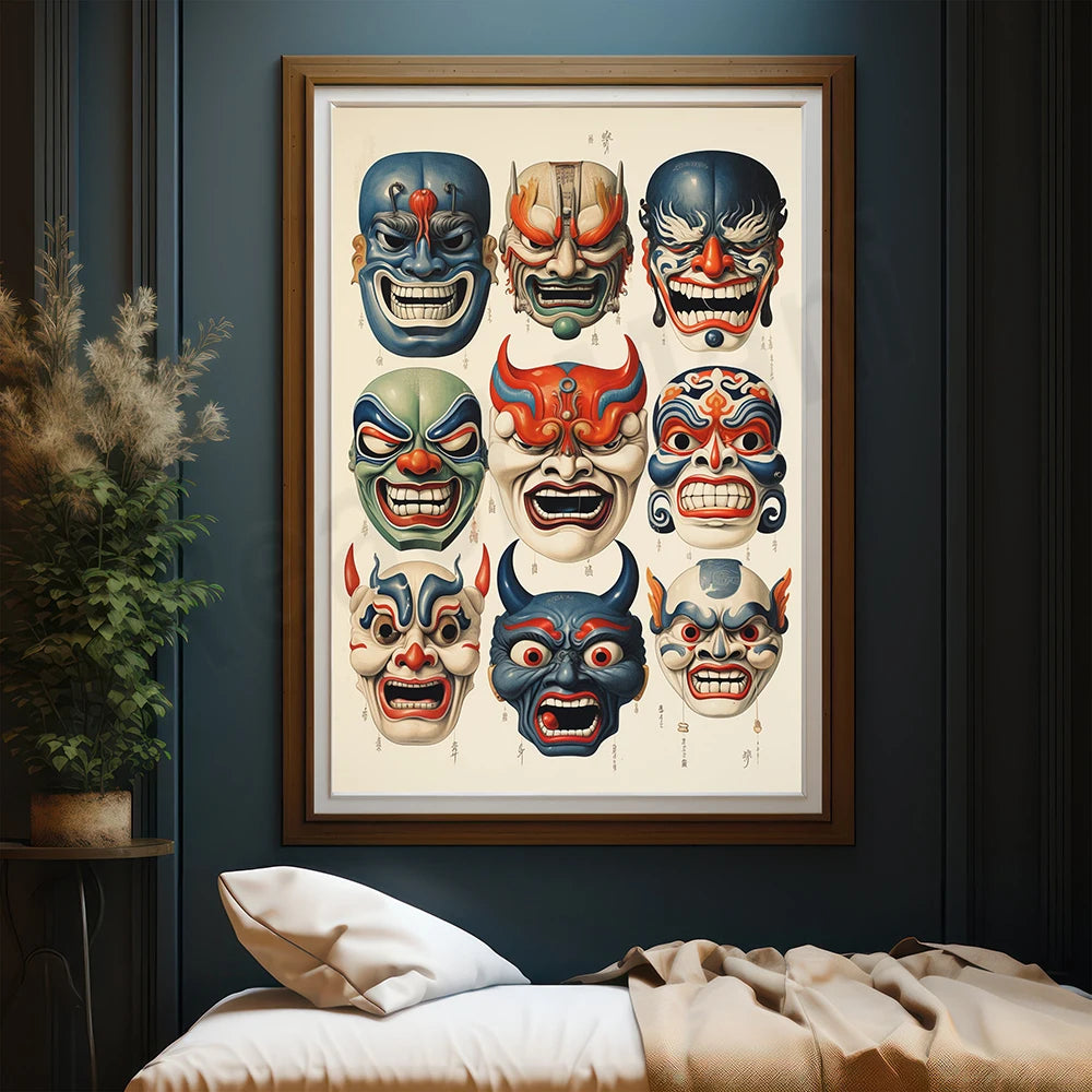 Un affiche encadrée affichant une collection de masques de théâtre japonais traditionnels ornés de couleurs vives et d'expressions faciales dramatiques.