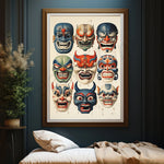 Un affiche encadrée affichant une collection de masques de théâtre japonais traditionnels ornés de couleurs vives et d'expressions faciales dramatiques.