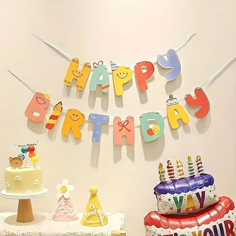 guirlande lettres happy birthday multicolore jaune bleu rose verte orange souriantes simple