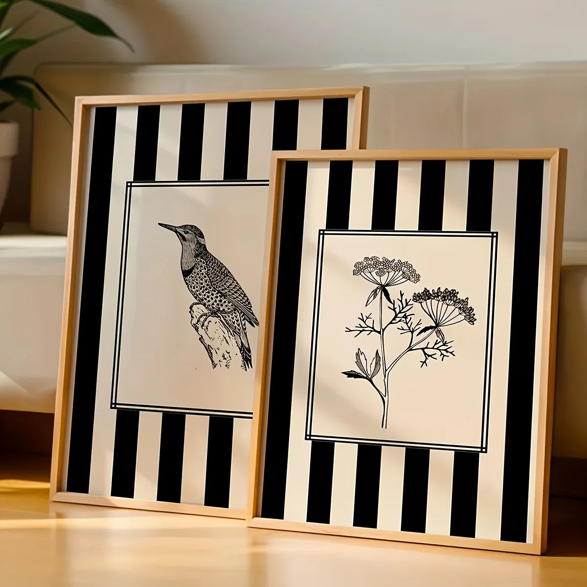 affiche abstraite oiseau plante rayures noires minimaliste classique salon décoration mur toile sans cadre