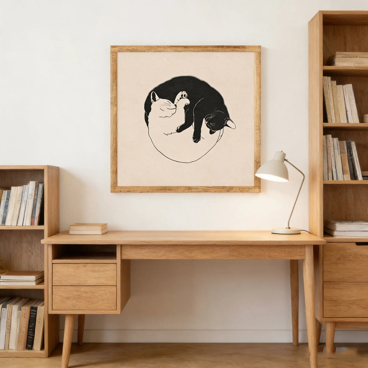 tableau illustration chats cercle vintage minimaliste beige noir blanc decoration murale opaque bohème years70