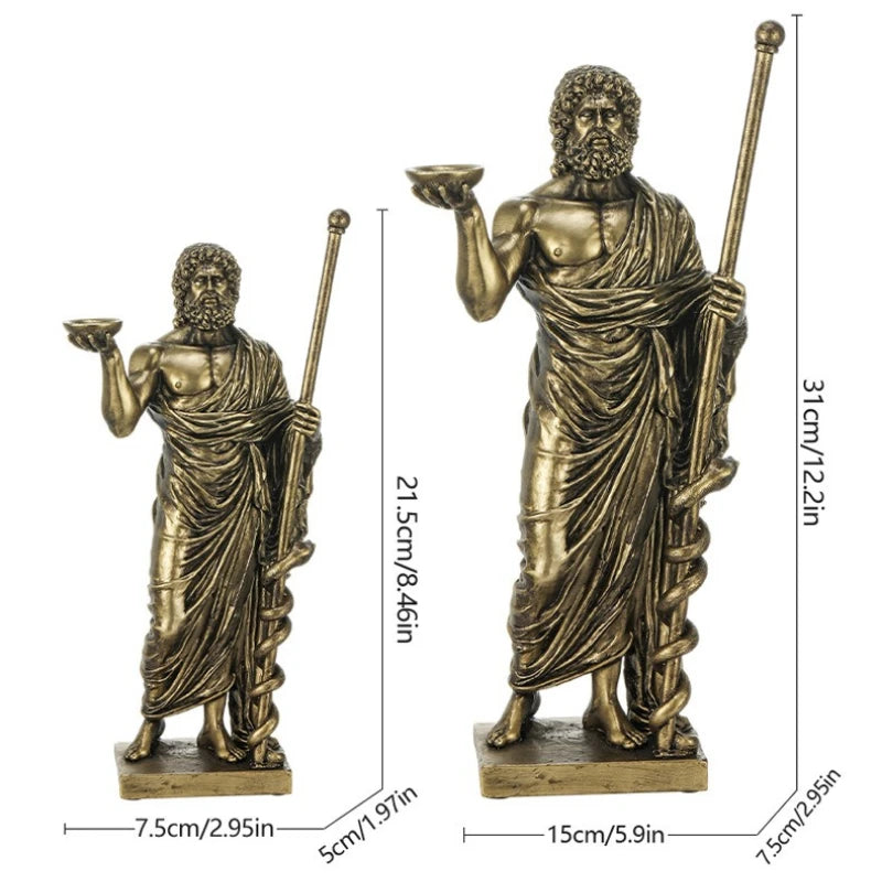 statue résine homme barbu asclépios bol serpent caducée bronze doré décoration maison antique