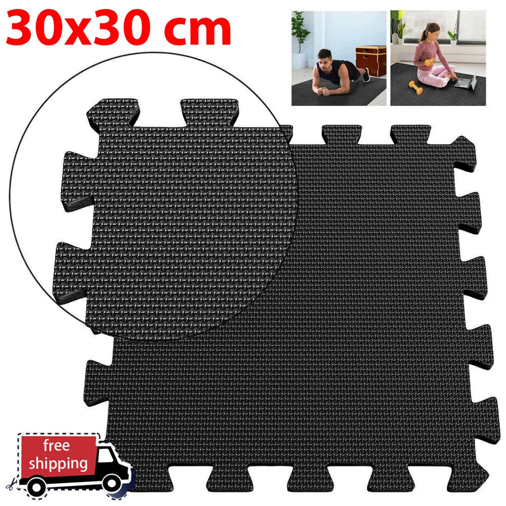 tapis sol noir puzzle géométrique moderne 30x30cm pack 16 pièces relaxation massage
