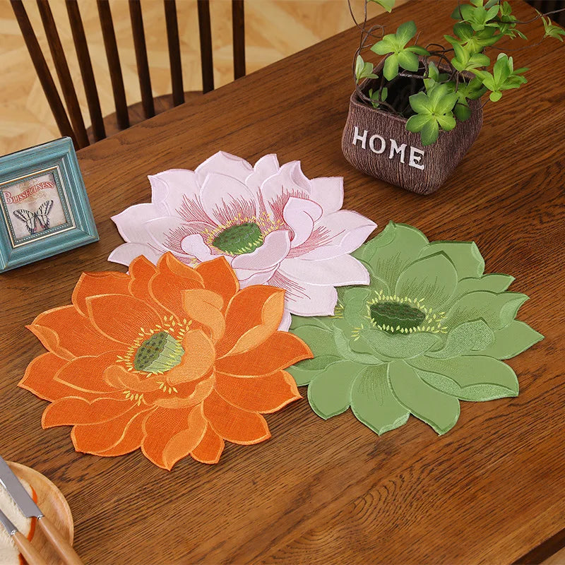 serviettes table orange rose vert rouge moderne fleuries coton polyester variante blanc