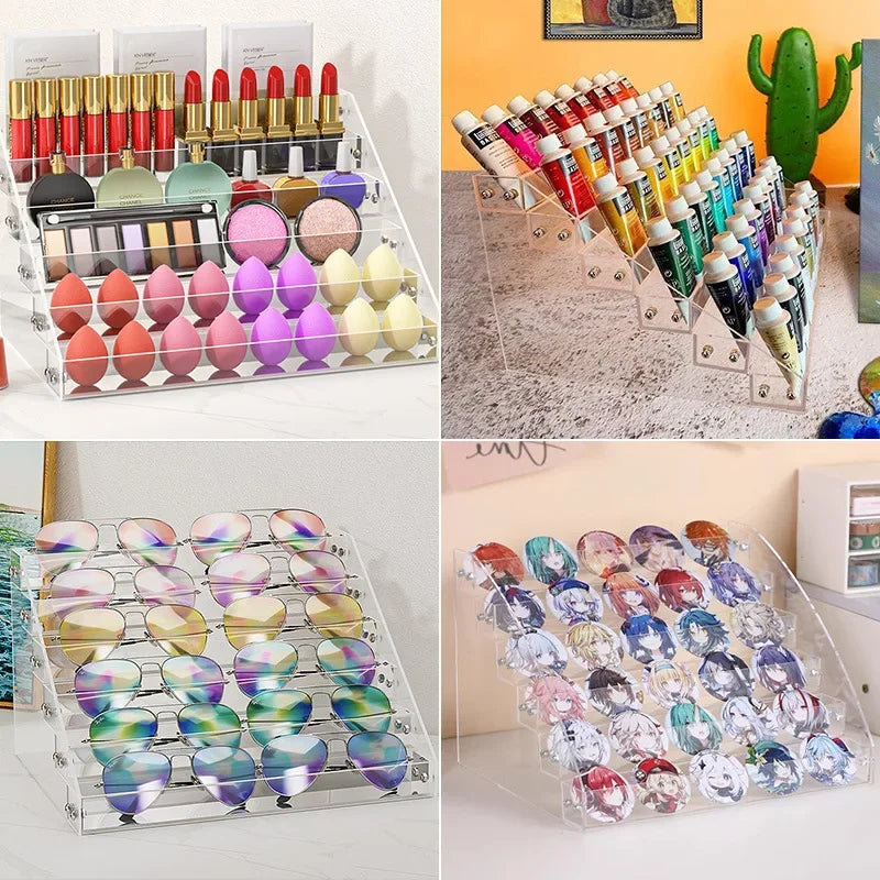 présentoir pyramidal acrylique transparent multi niveaux stockage figurines cosmétiques minimaliste
