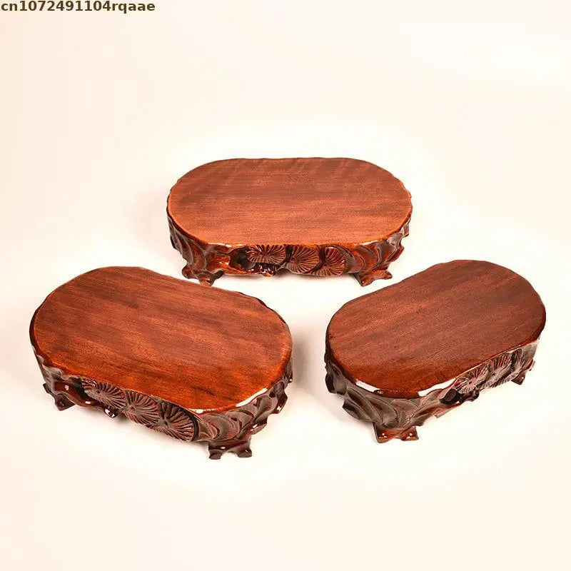 support bonsaï bois sculpté motifs floraux artisanal marron foncé unique présentation plante fleur