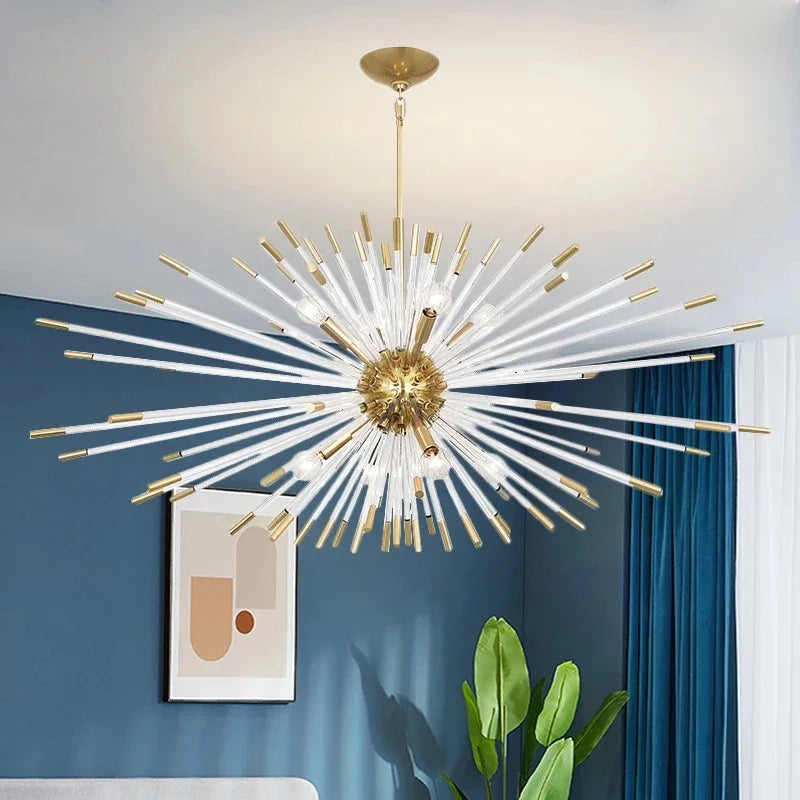 Suspension lumineuse moderne or blanc rayons transparents chambre salon étude hall led warm white