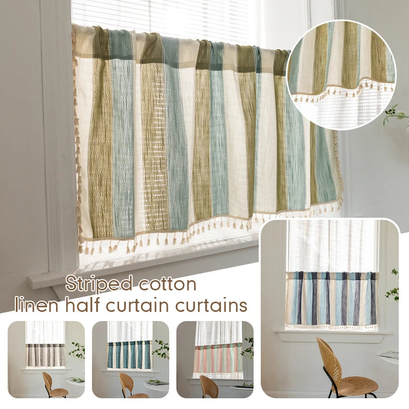 Rideau half rayés semi transparent bohème franges finition lin aspect texturé chambre