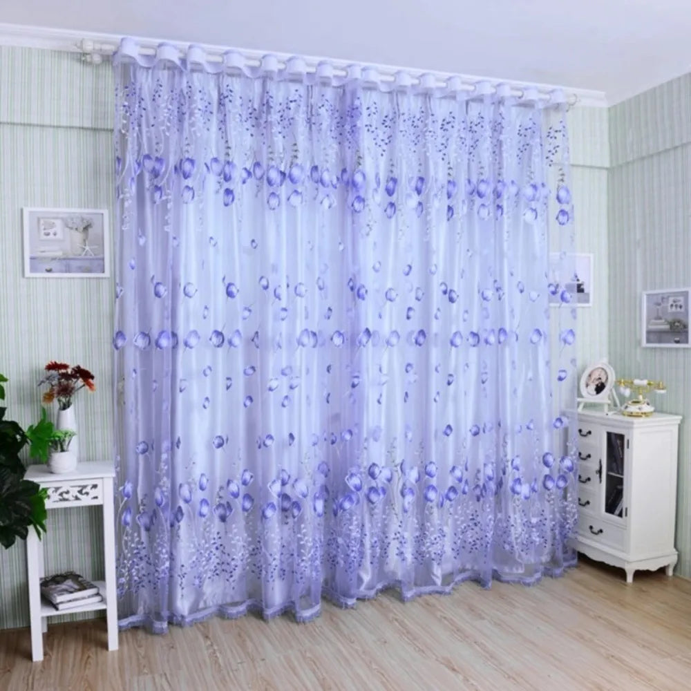 rideaux voilage floral violet rose bleu vert orange décoratif moderne polyester transparent chambre salonhôtel