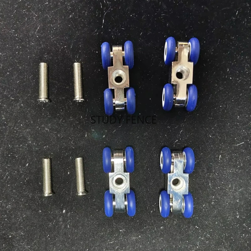 roulettes porte coulissante argentées bleues vis quincaillerie industrielle métal suspension poulies rails fixations utilitaires