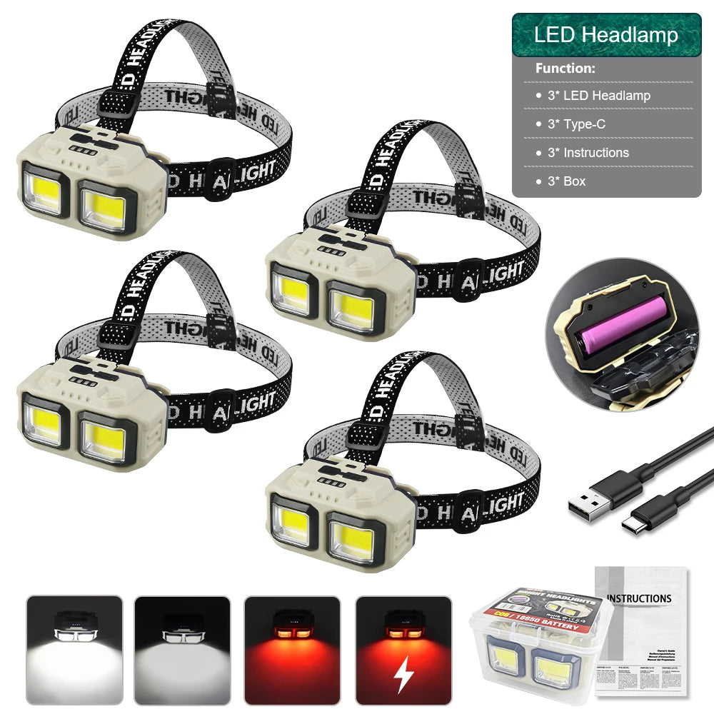 lampe frontale led beige noir points blancs ruban ajustable rechargeable camping pêche randonnée
