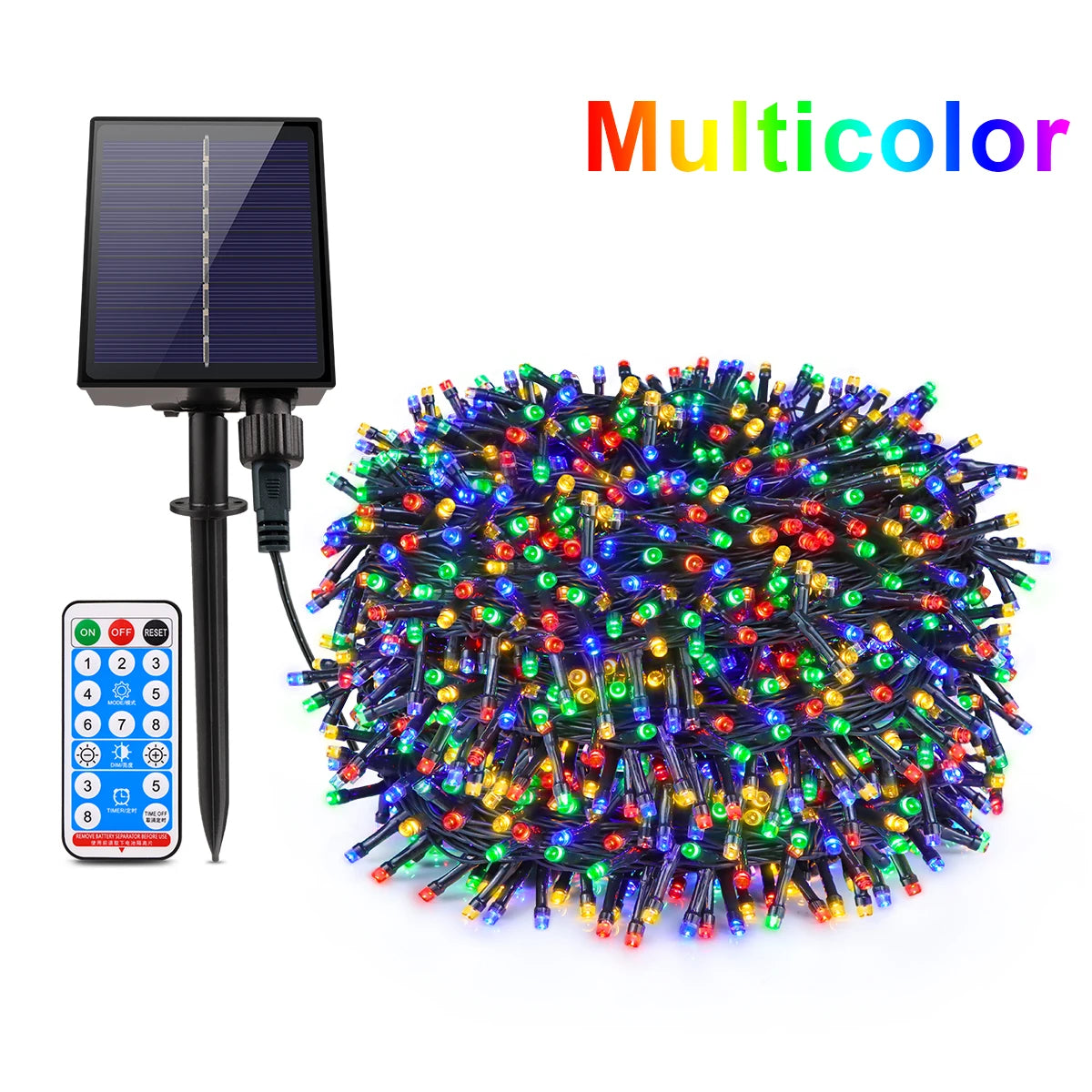 guirlande lumineuse solaire multicolore moderne imperméable télécommande contrôleur luminosité piquet extérieur noël patio mariage