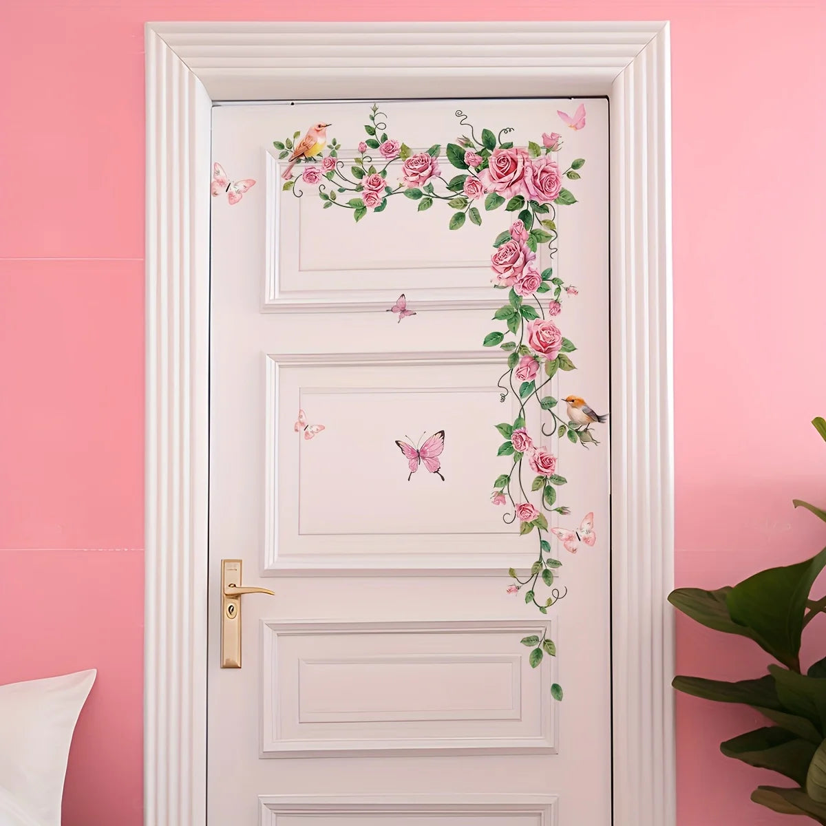 sticker mural floral rose feuilles vertes papillons oiseaux adhésif réutilisable chambre décoration contemporaine