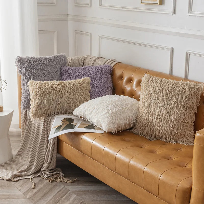 coussins polyester solides modernes noir gris beige violet blanc opaques texture frisée fixés