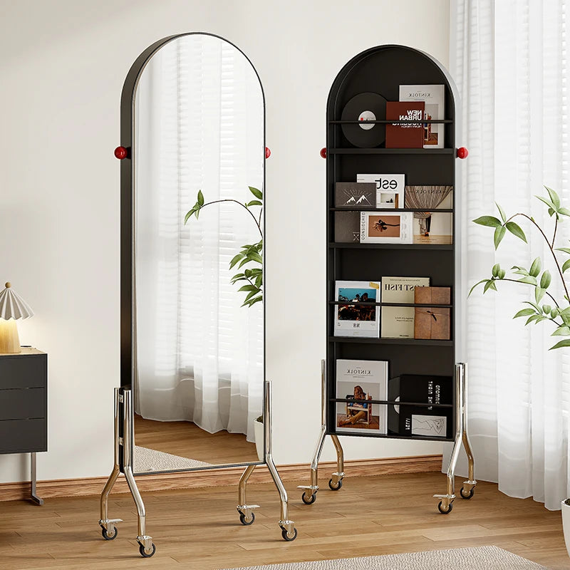 meuble multifonctionnel moderne miroir pleine longueur étagère mobile roulettes noir mat salon chambre