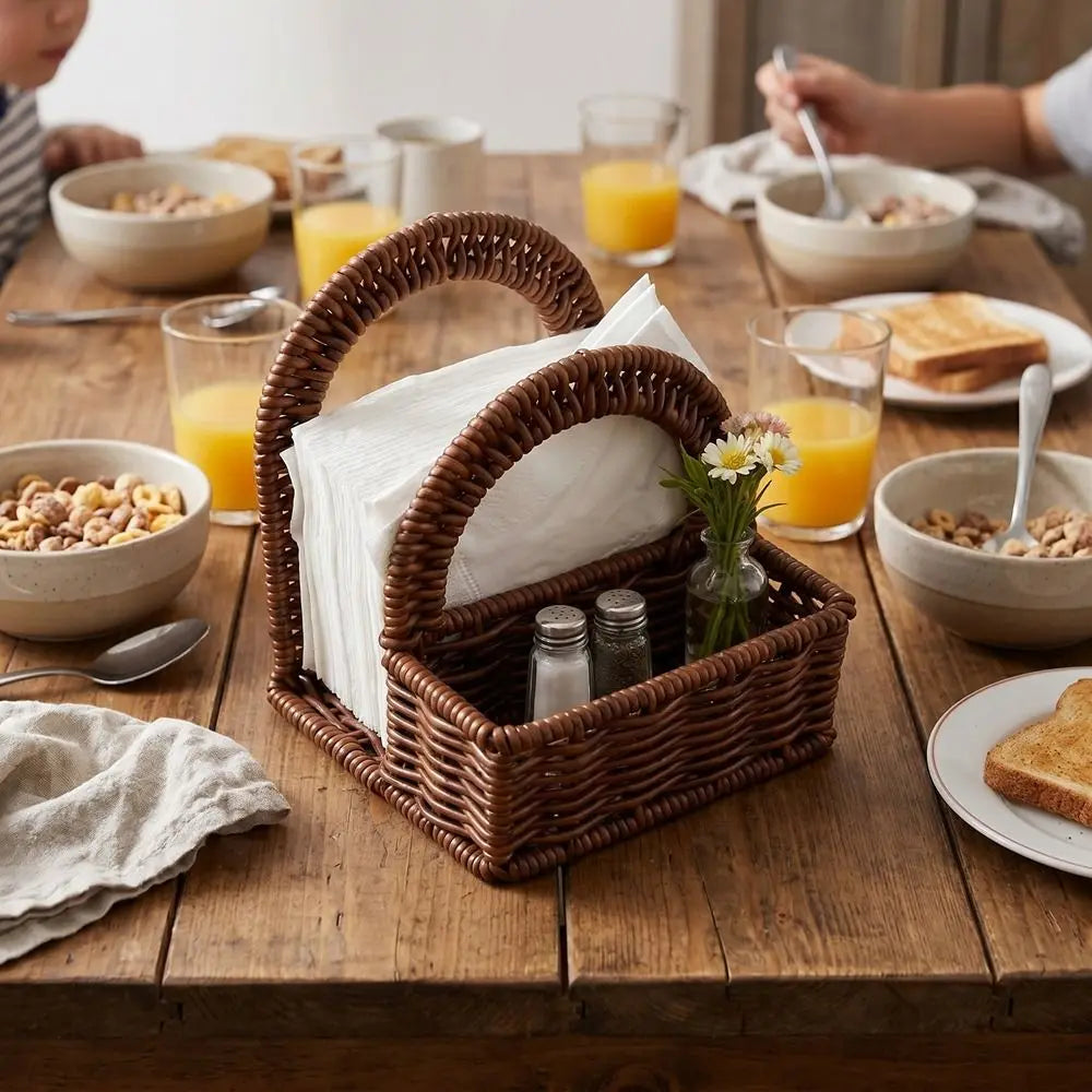 panier tressé marron clair rustique réutilisable serviettes fleurs maison opacité poignées