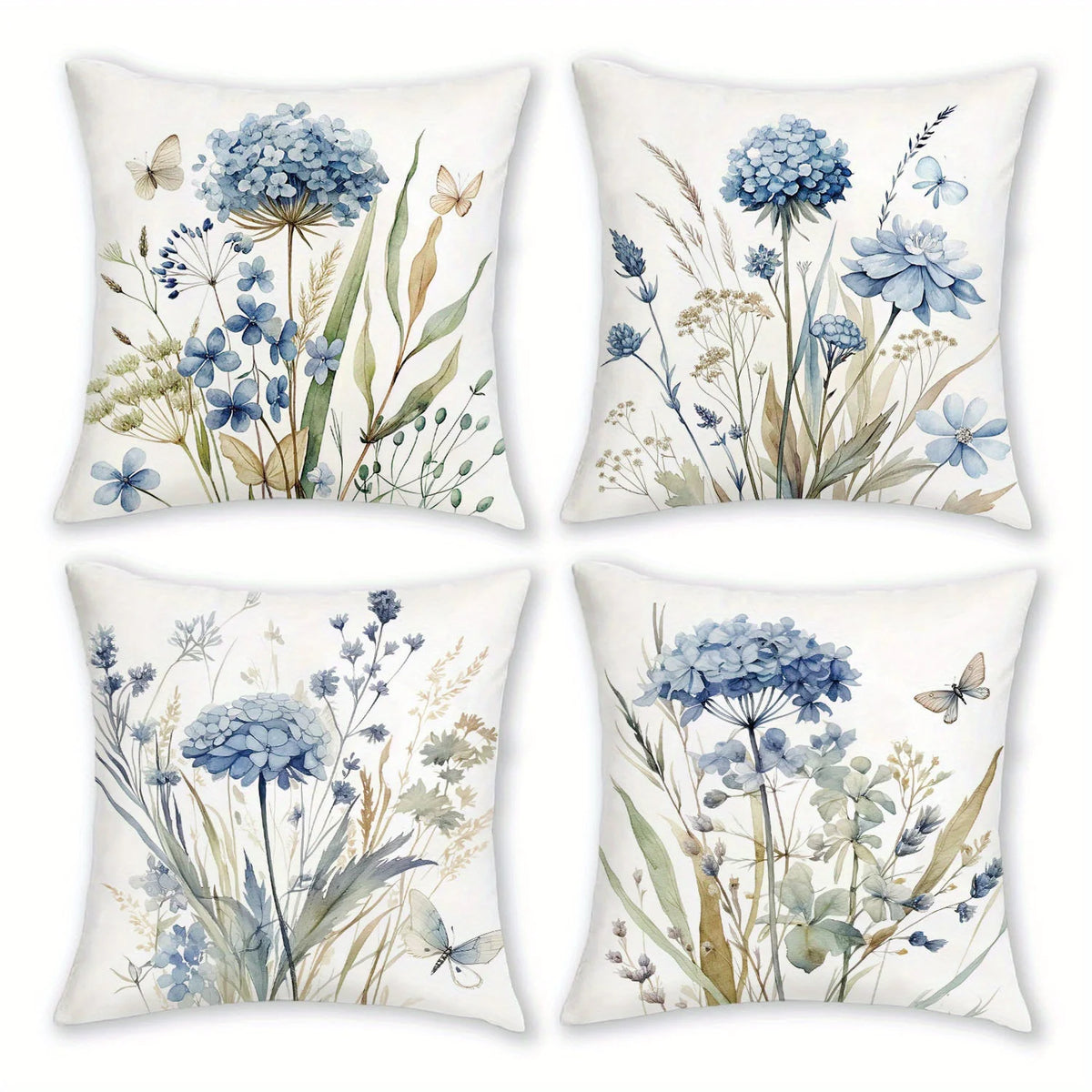 taies d'oreiller imprimées fleurs papillons blanc bleu vert polyester lit chambre décoration maison classique