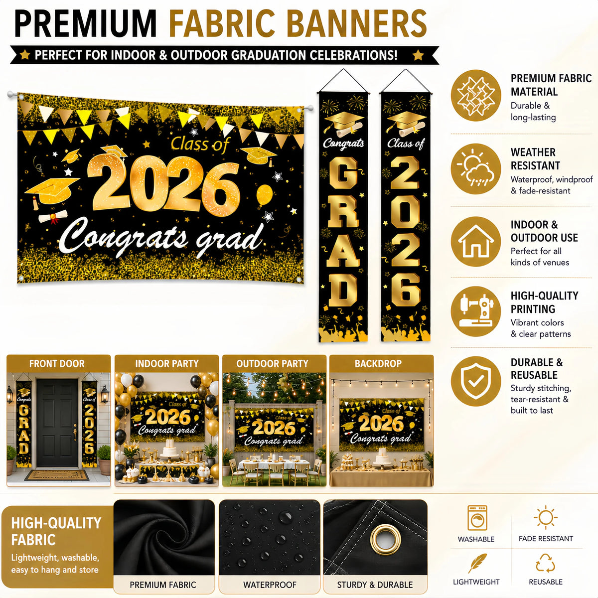 bannières graduation noir doré étoiles confettis caps moderne festives 2026 congratulations proud